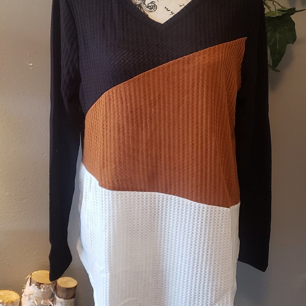 Plus Waffle Knit Colorblock Long Sleeve Top